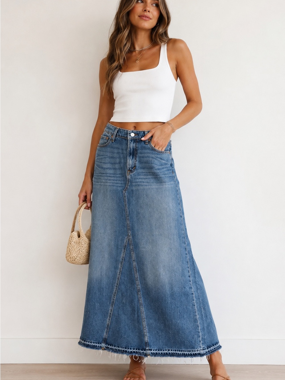 Lucky Brand Blue Denim Maxi Skirt with Frayed Hem
